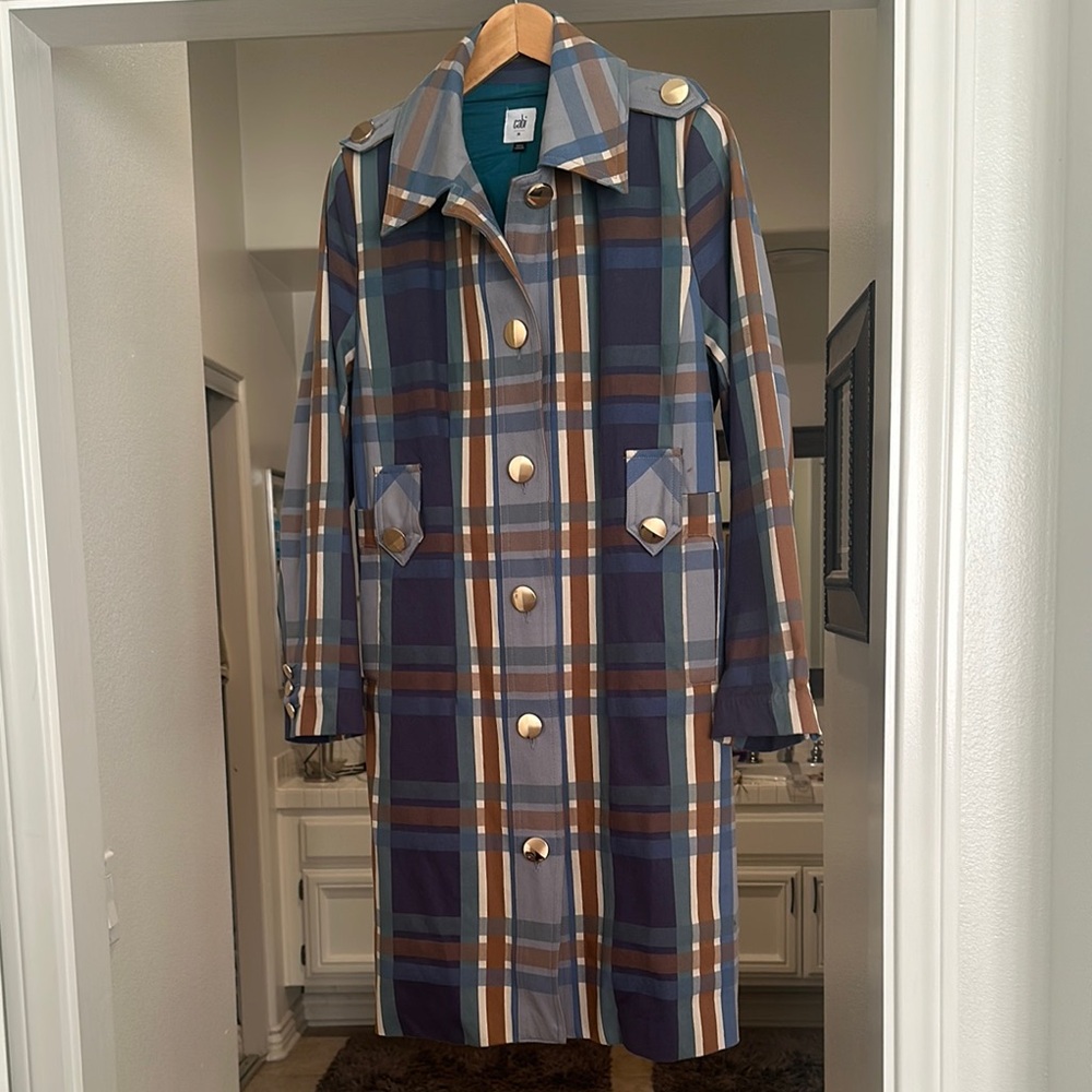 Vintage Plaid Trench Coat with Gold Buttons